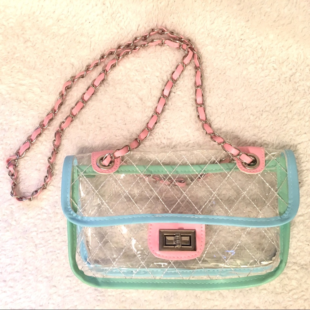 CLEAR OR TRANSPARENT WITH PINK & MINT TRIM HANDBAG - Picture 5 of 8
